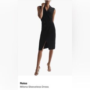 Reiss Black Midi double breasted button Dress with Front Slit